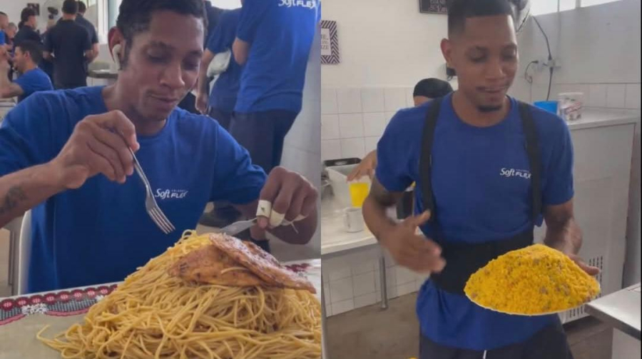 'Montanha' de macarrão: trabalhador impressiona no refeitório da empresa com pratos gigantes de comida