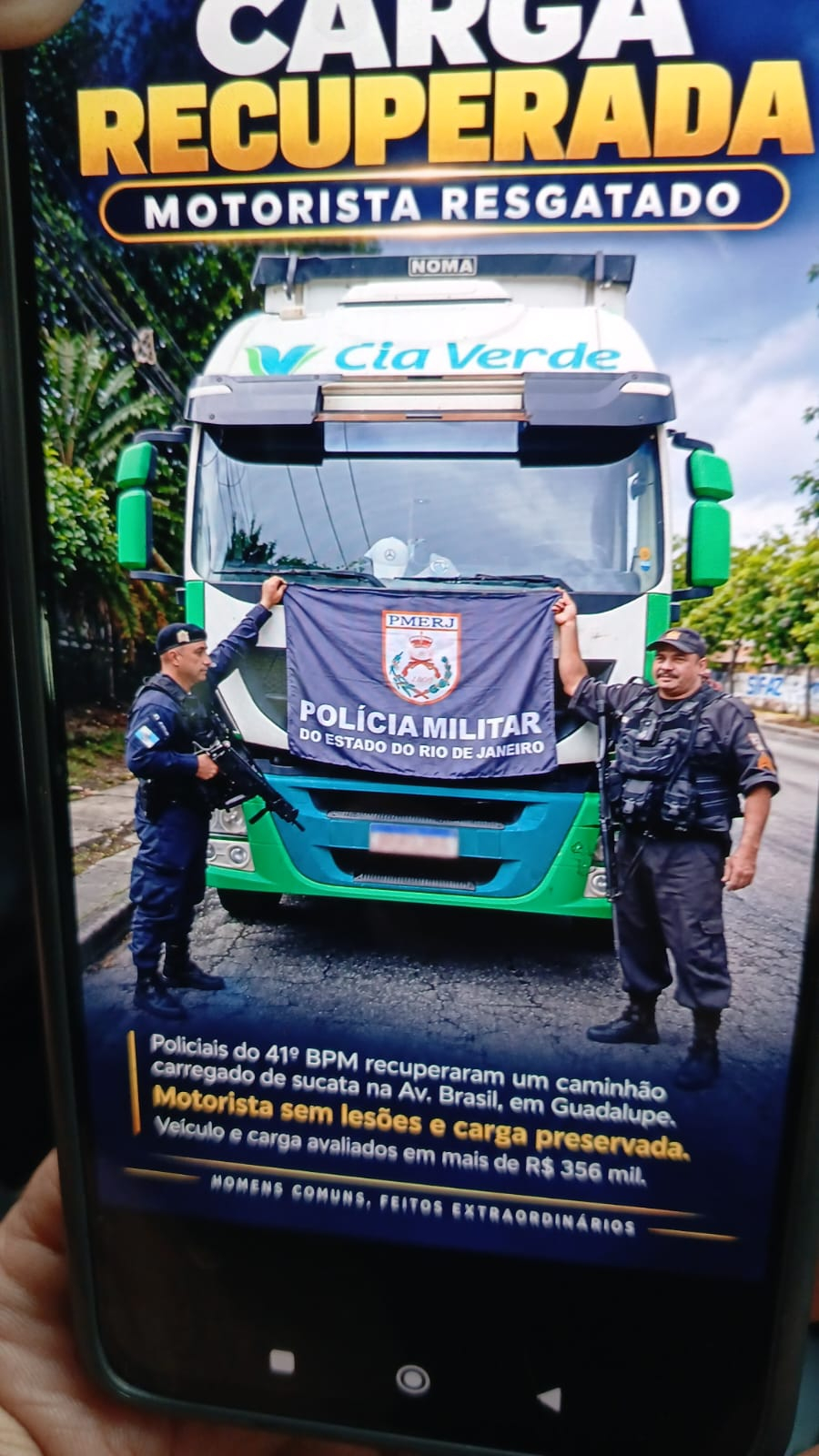 Policiais do 41° Batalhão recuperam caminhão de sucatas na avenida Brasil 